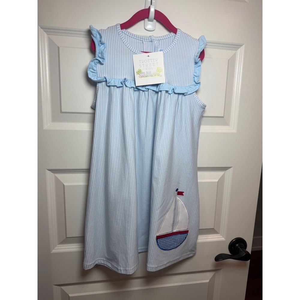 Trotter Street Kids Light Blue Striped Sailboat Ruffle Knit Dress Size 6 NEW